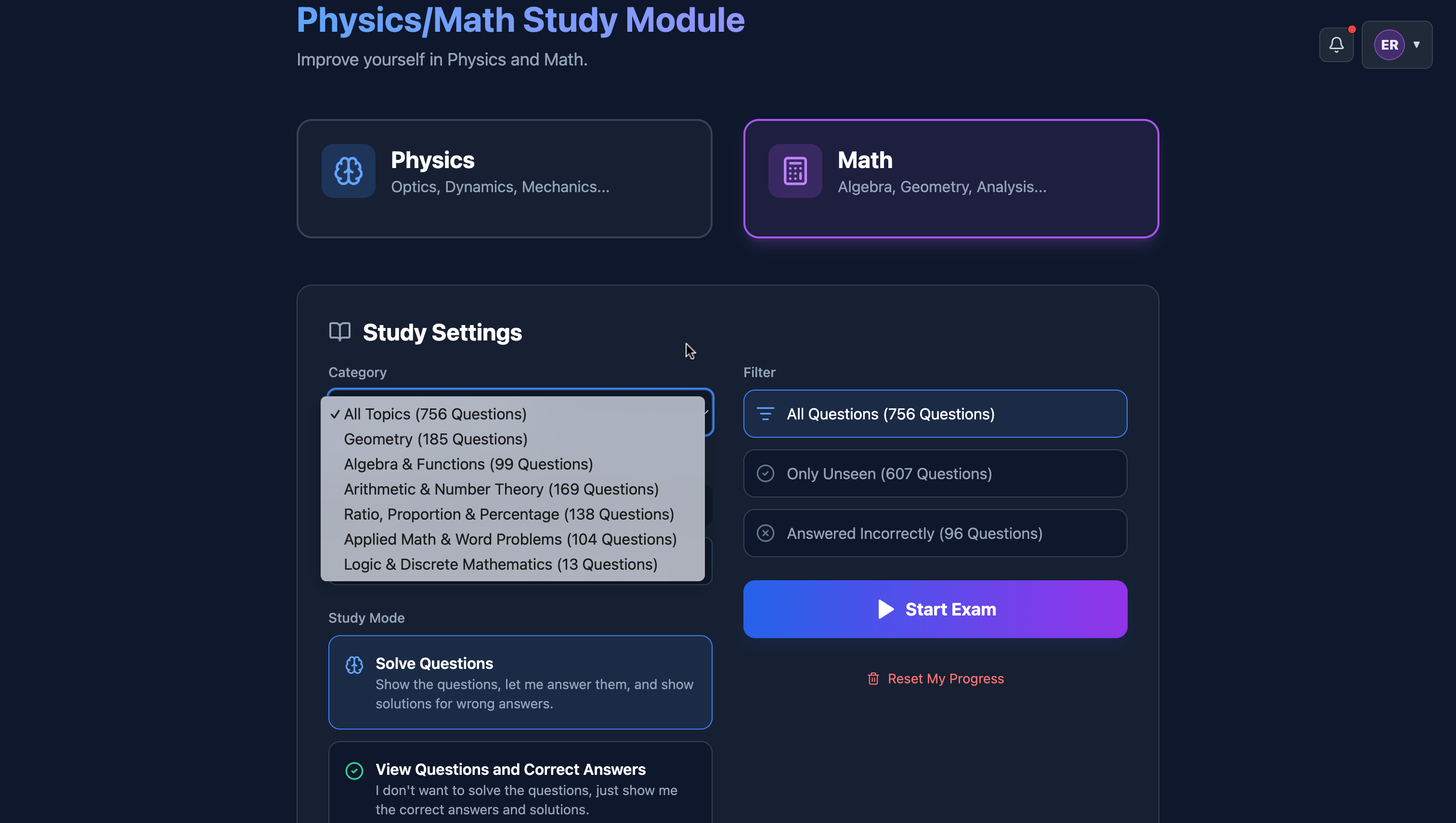 Physics/Math çalışma modülü: Math seçili, konu ve filtre ekranı