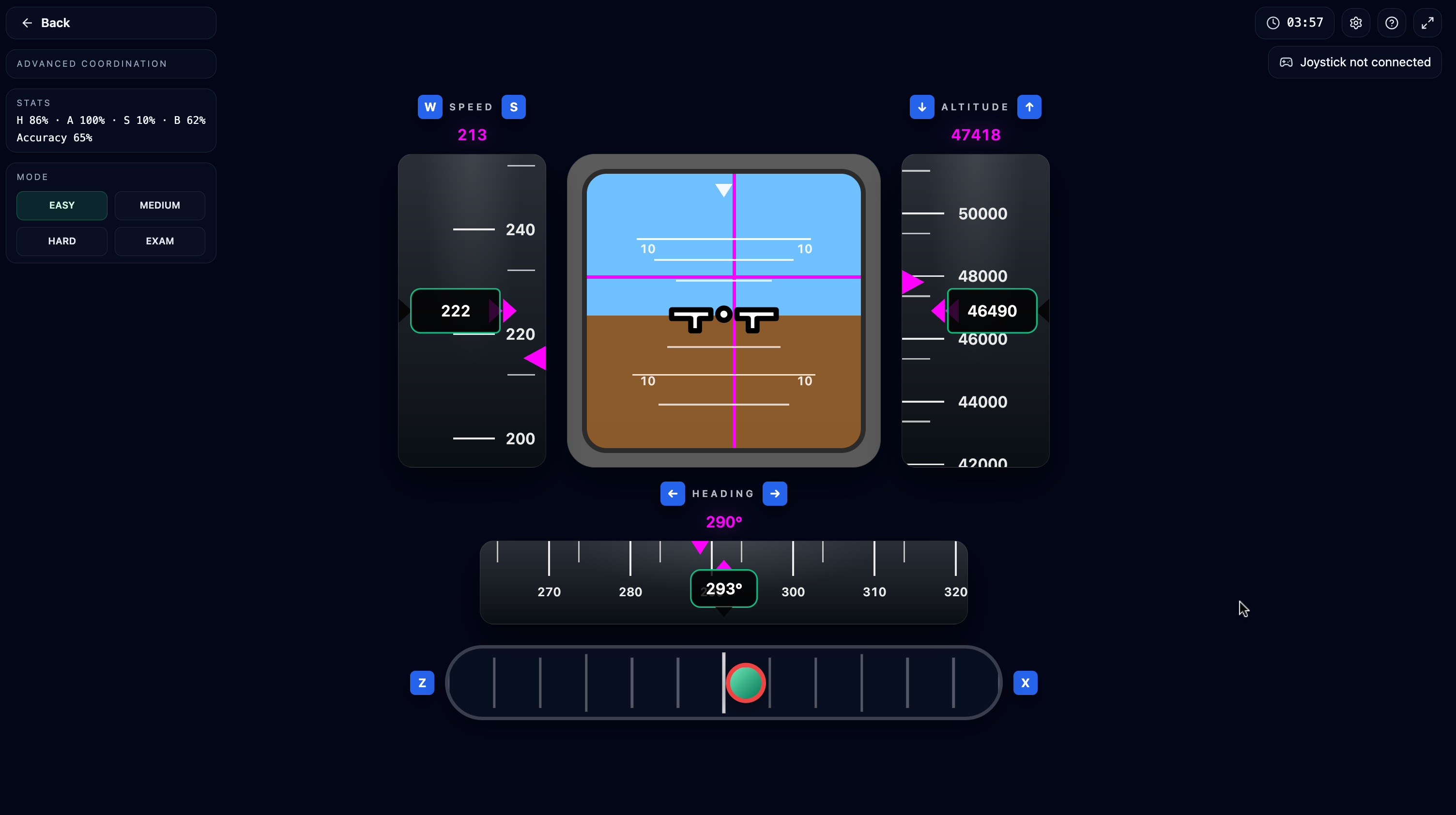 Advanced Coordination: the four-instrument layout — speed/altitude tapes, attitude indicator, heading tape and the ball rail