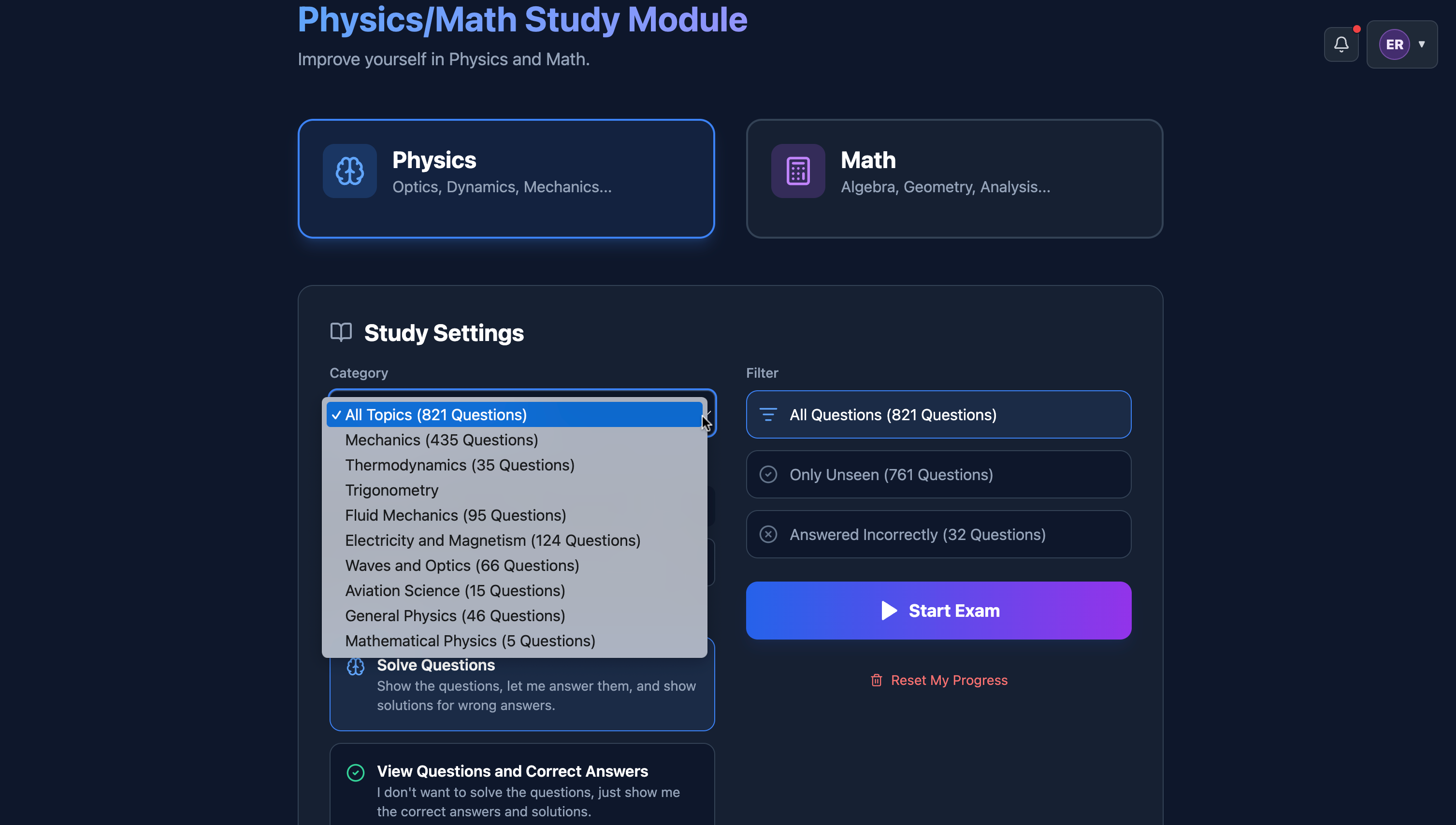 Physics/Math çalışma modülü: Physics seçili, mekanikten havacılık bilimine konu listesi