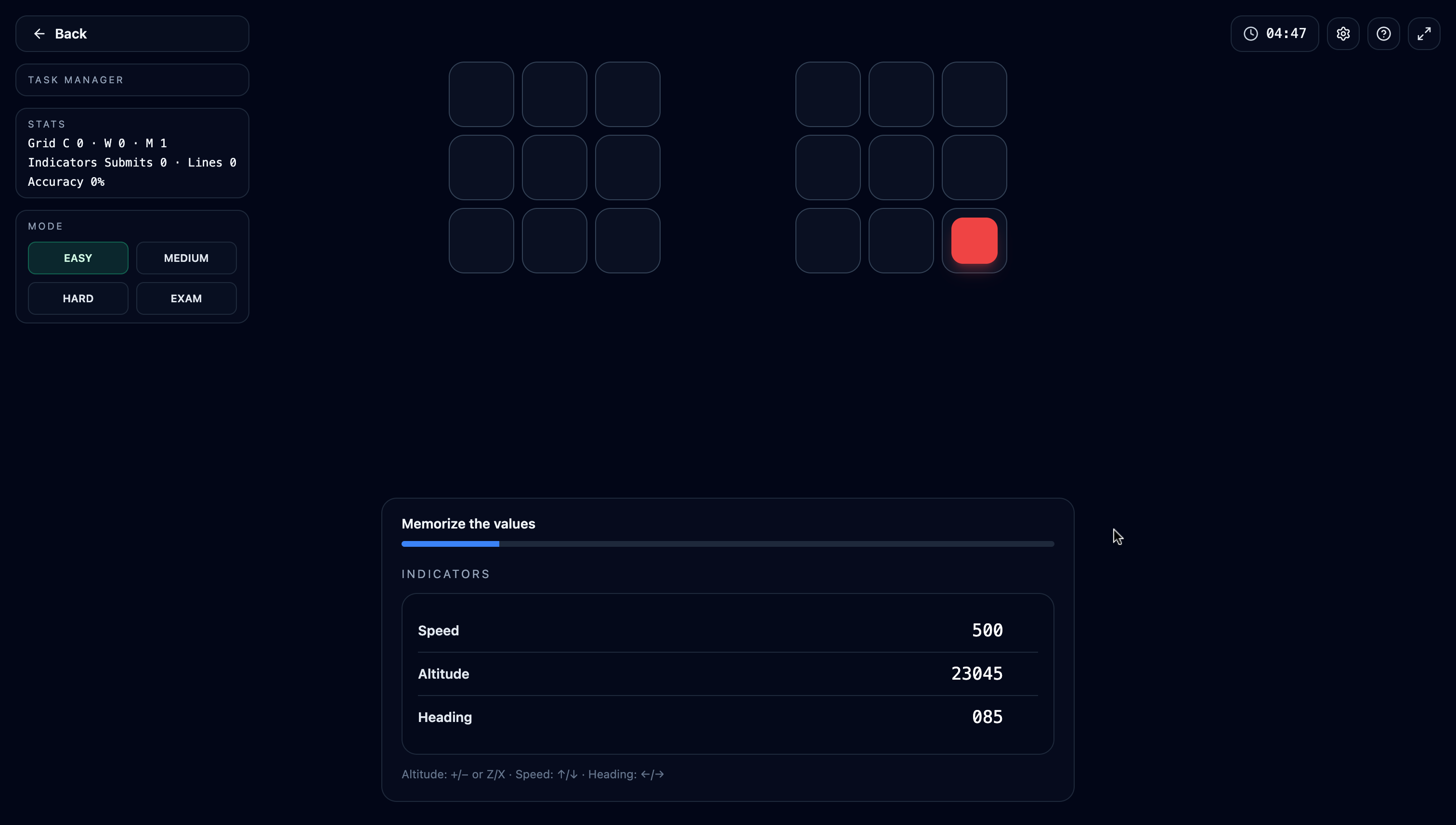 Task Manager: iki ızgara ve altta "Memorize the values" aşamasındaki gösterge paneli