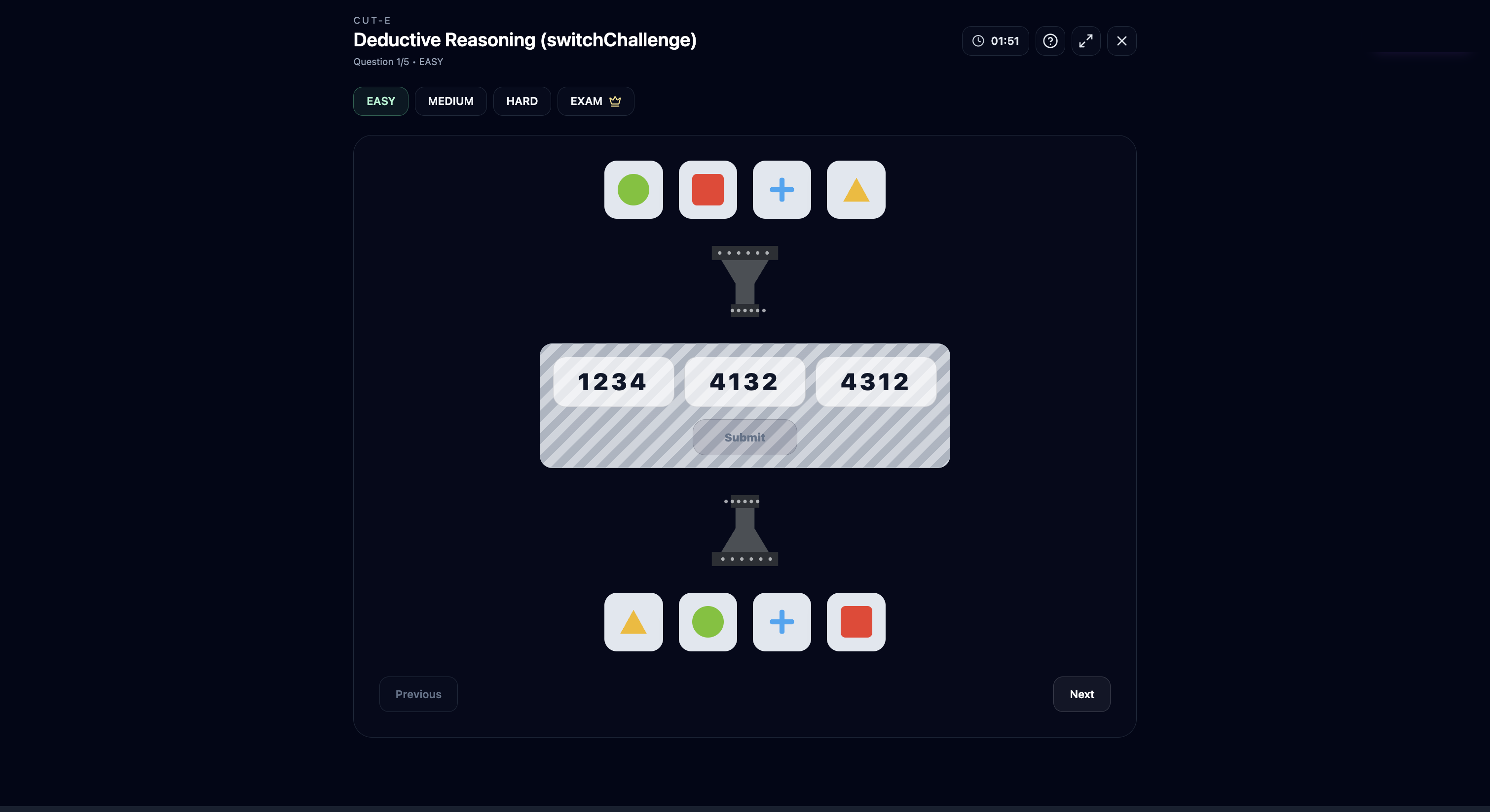Deductive Reasoning EASY: top shapes, the machine, three code options and the output row