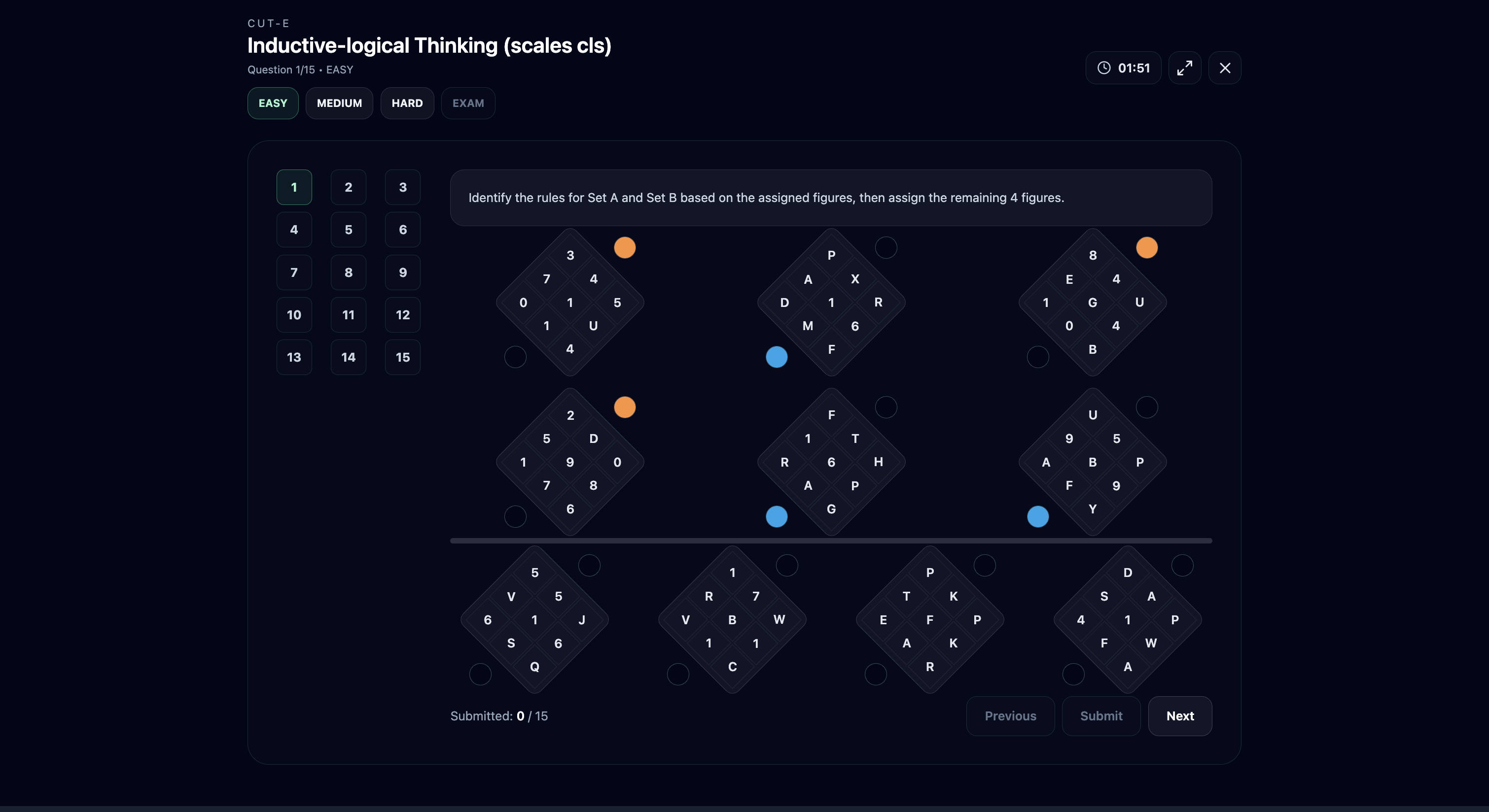 Inductive-logical Thinking: six assigned diamond figures above four unassigned ones