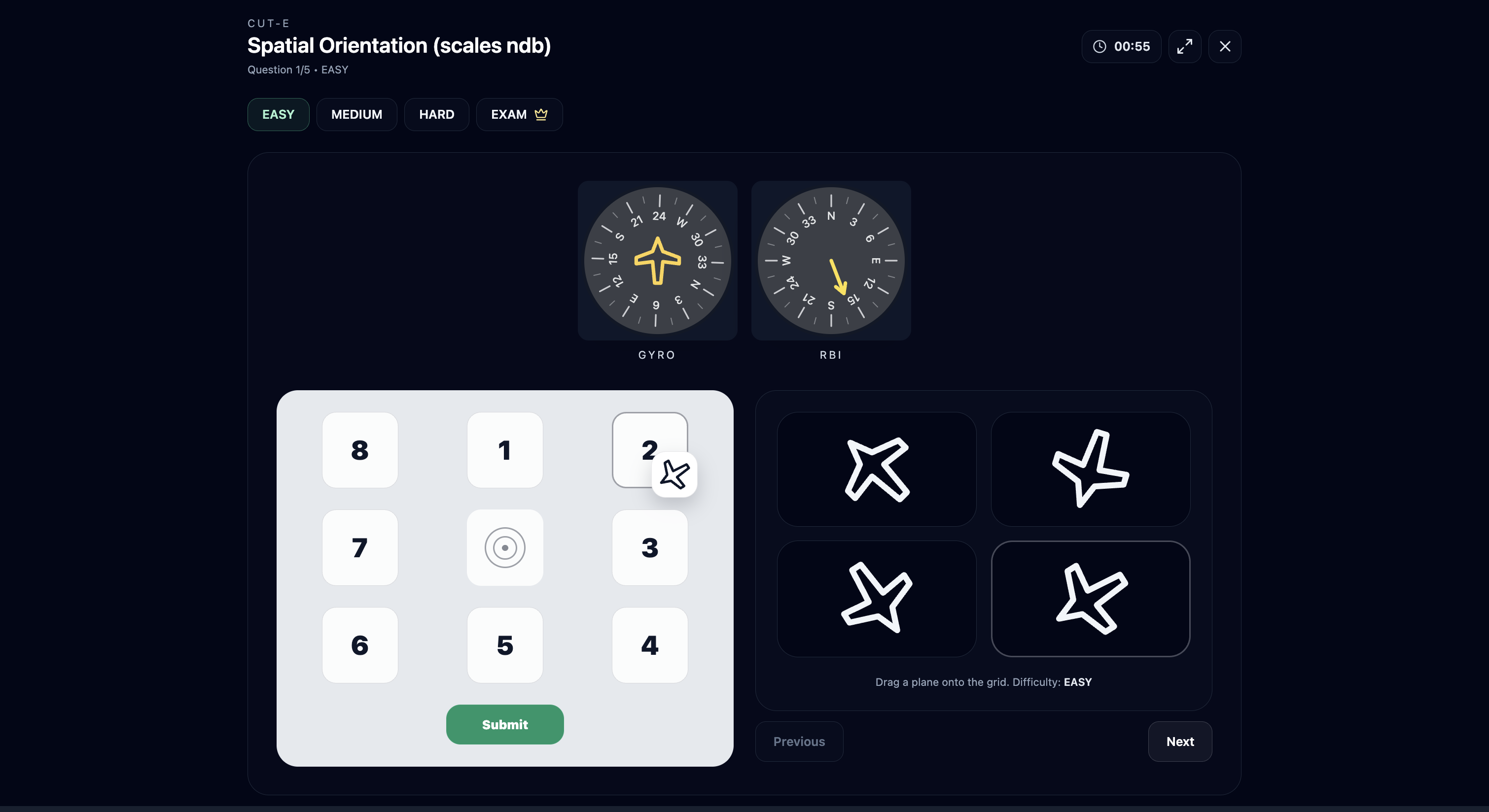 Spatial Orientation: dragging the selected aircraft onto a numbered grid cell