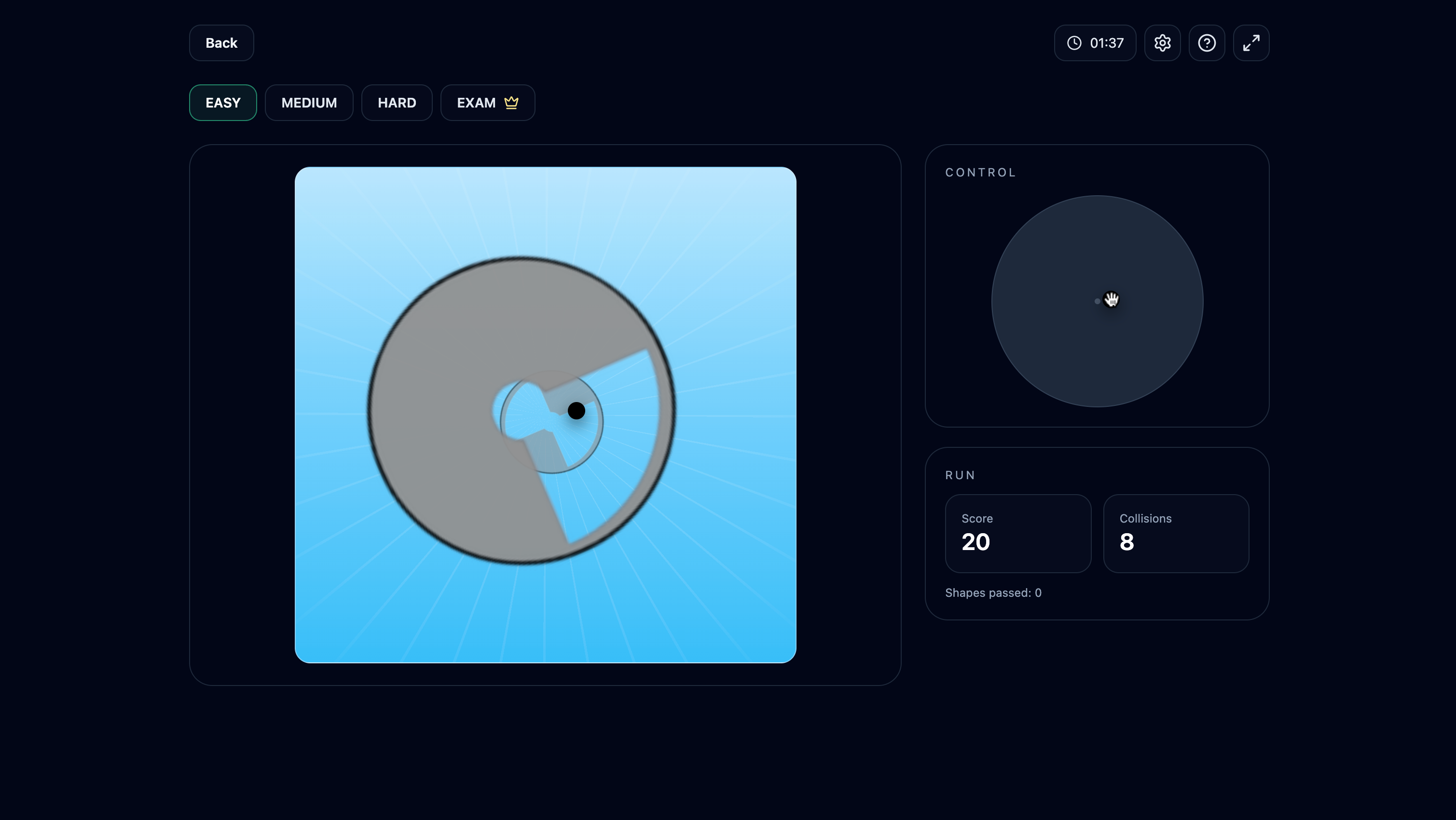 Complex Control main screen: tunnel viewport with a rotating shape and the circular control pad