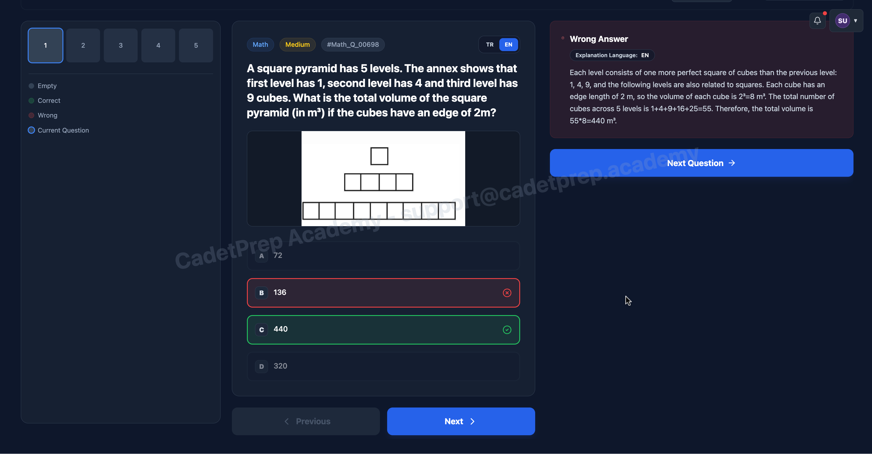 A math question answered correctly, with the step-by-step explanation panel in English