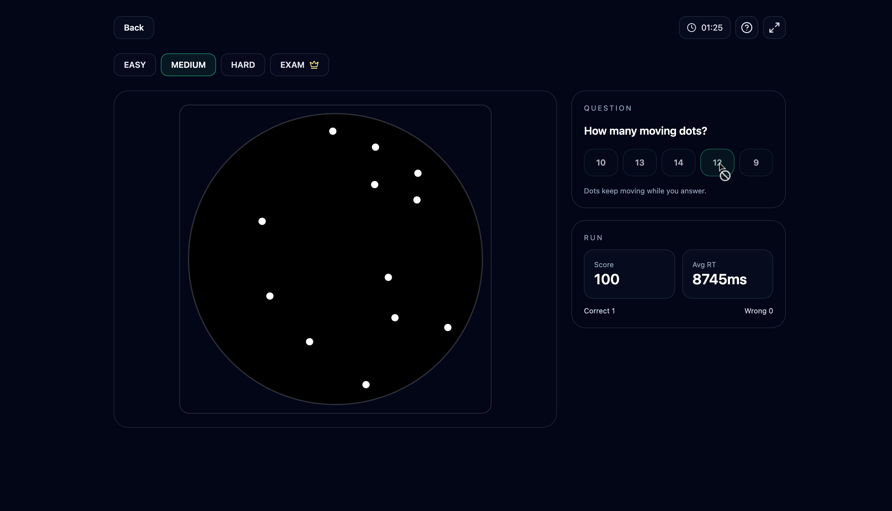 Monitoring test: circular arena with moving white dots and the five numeric answer options