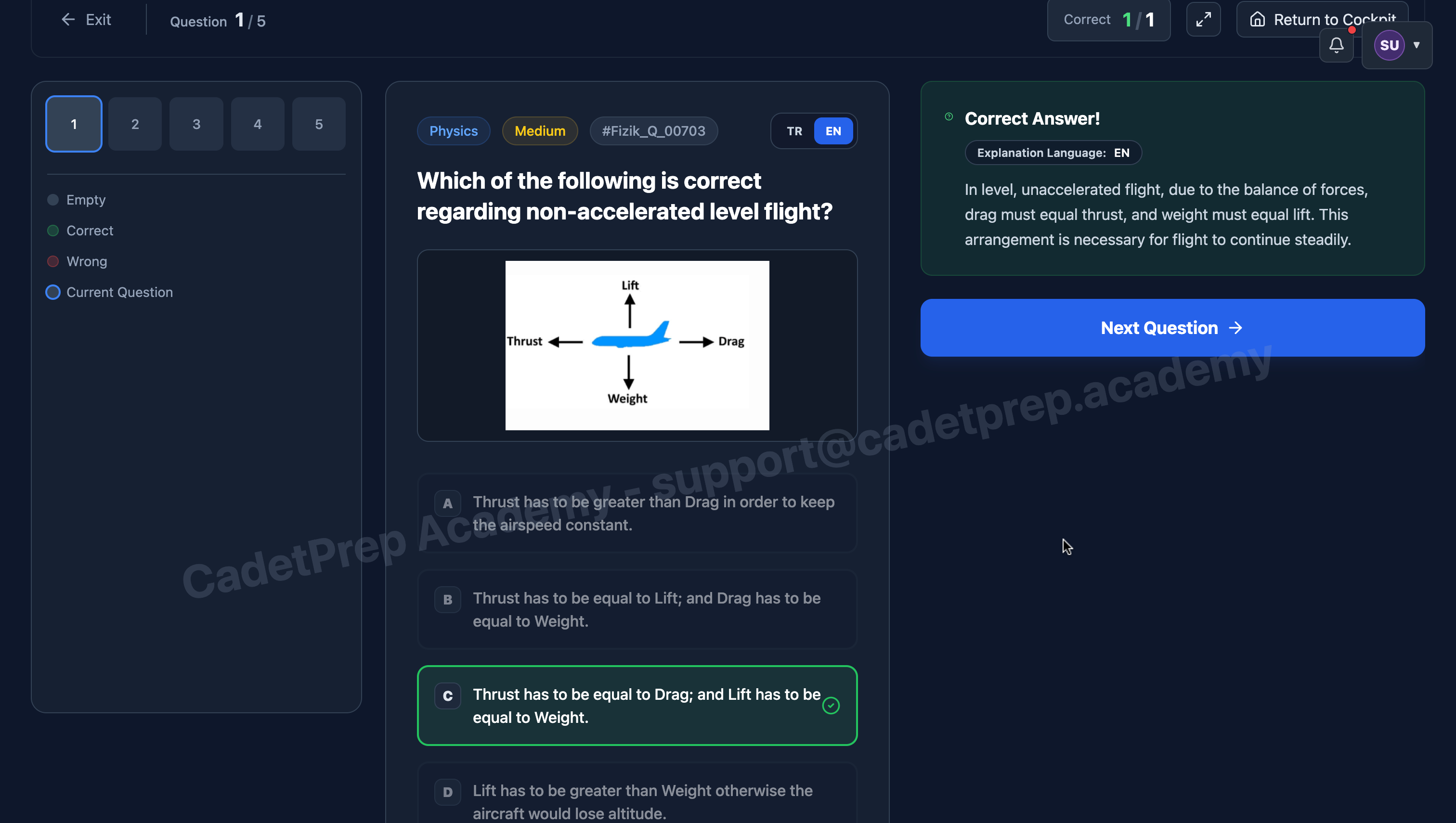 A diagram-based physics question (in English) with answer marks and the worked explanation