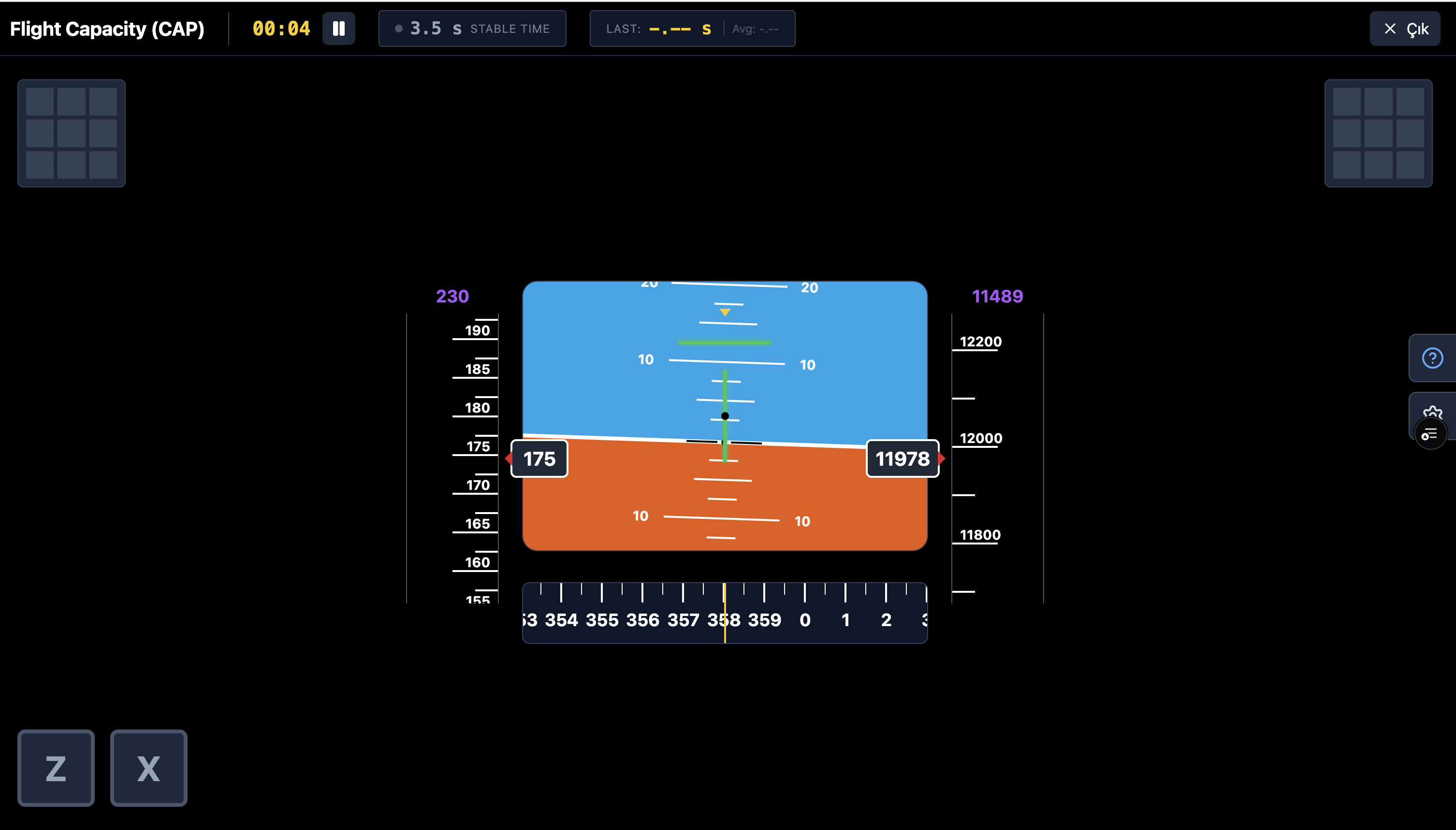 Flight Capacity cockpit: artificial horizon, speed and altitude tapes, 3×3 light panels and the Z/X buttons