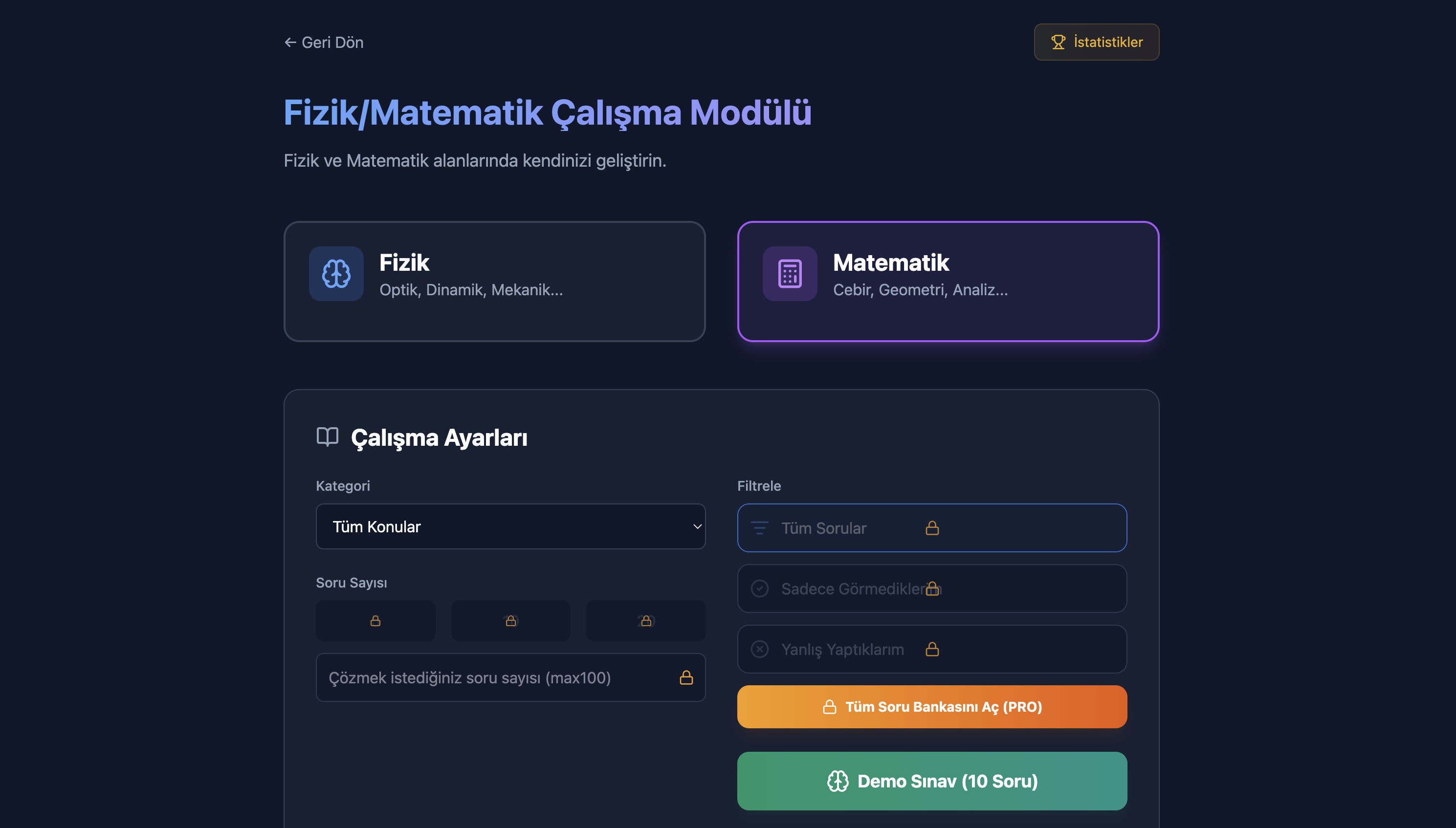 The Physics/Math Study Module: topic and filter selection screen