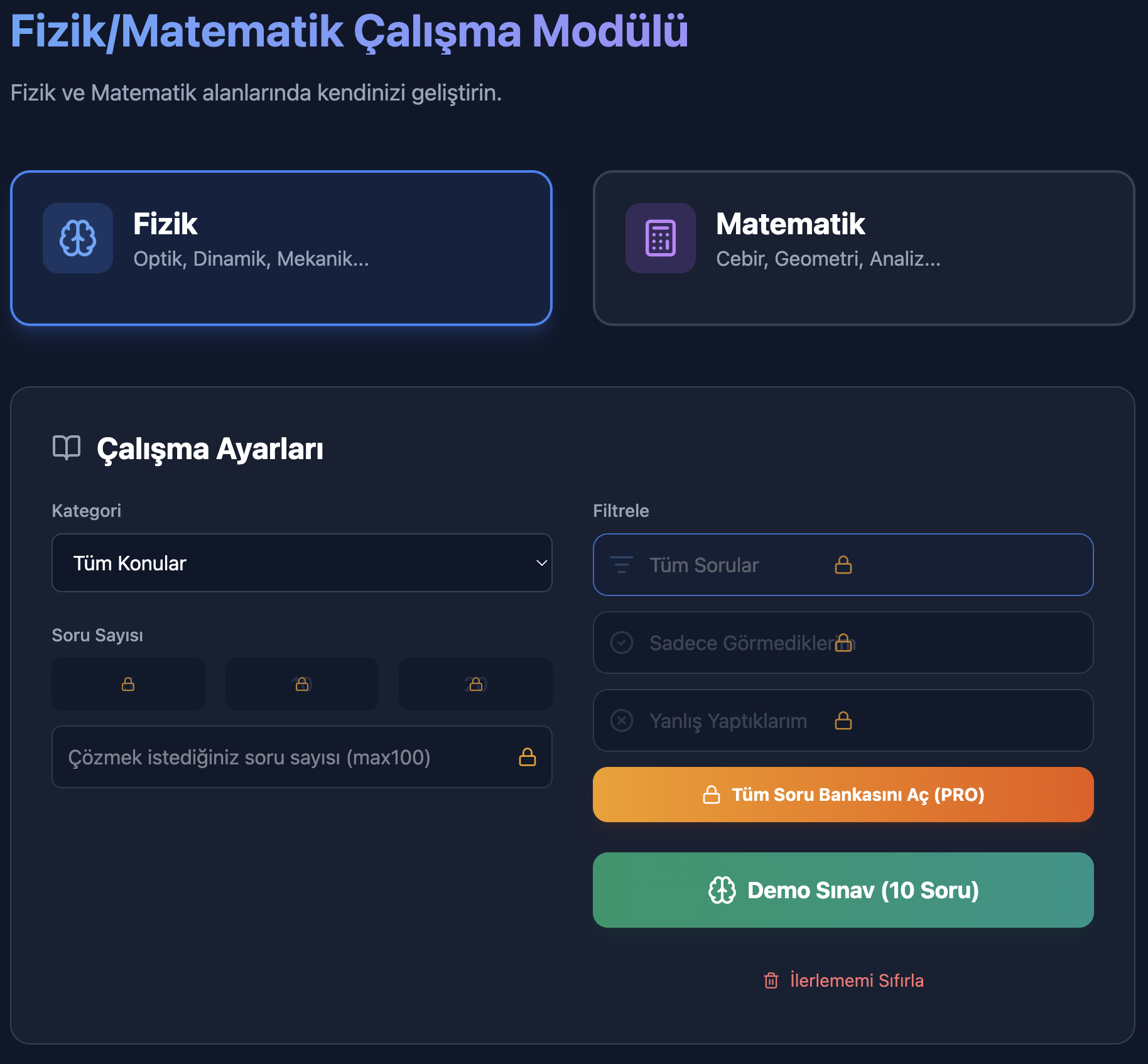 The Physics/Math Study Module with Physics selected: topic and filter screen
