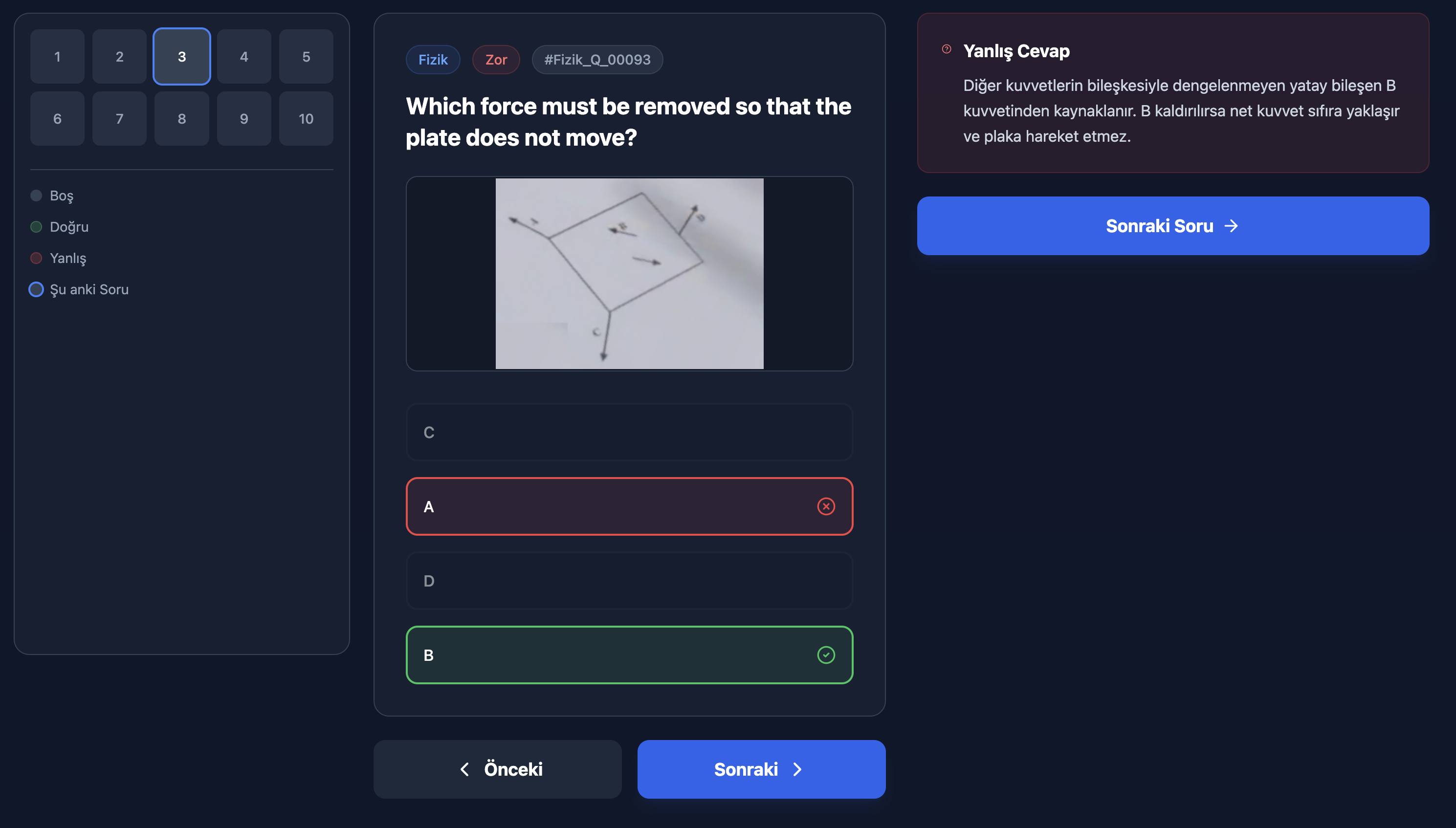A diagram-based physics question: force diagram, answer marks and the explanation