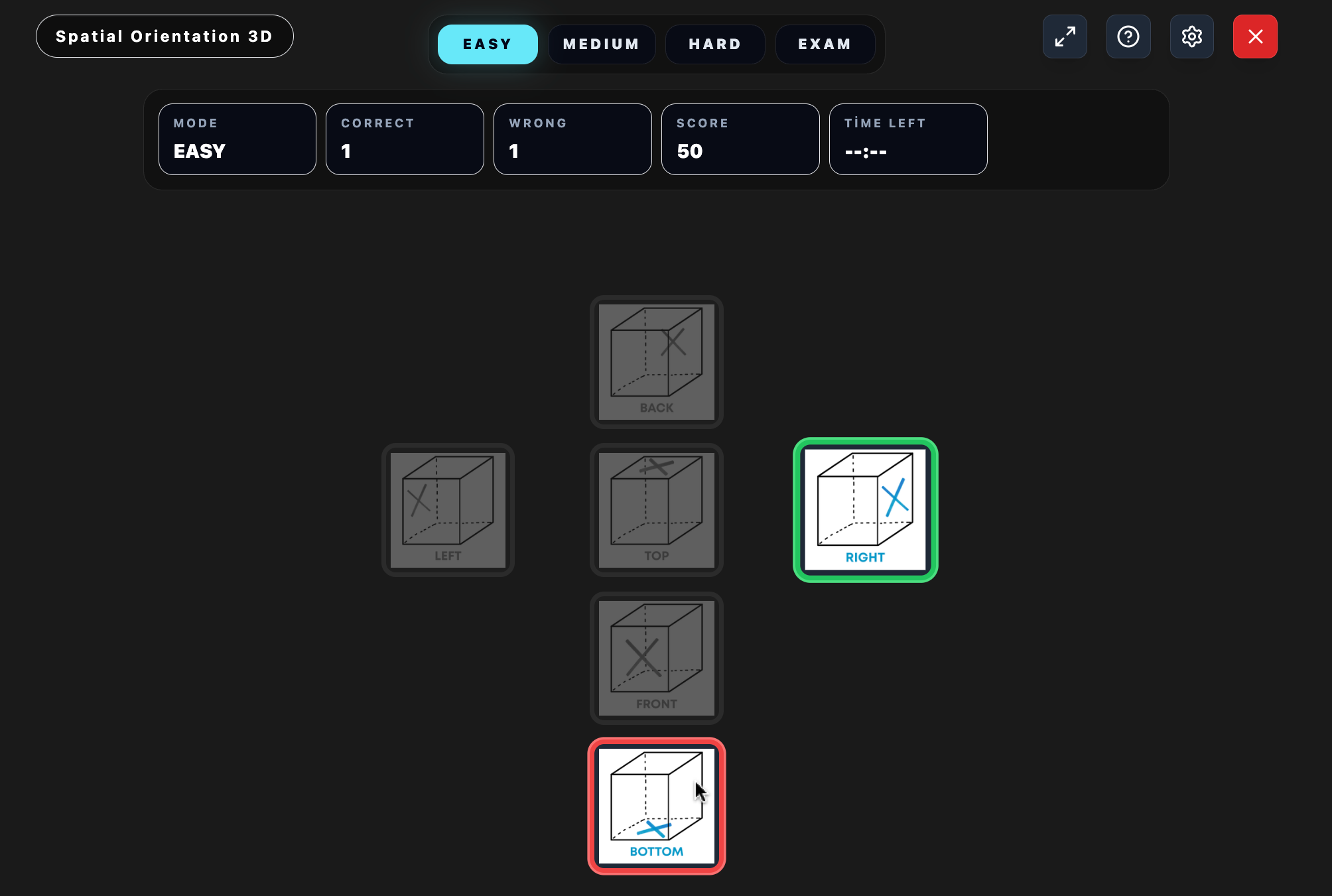 Spatial Orientation 3D DM3 answer selection screen