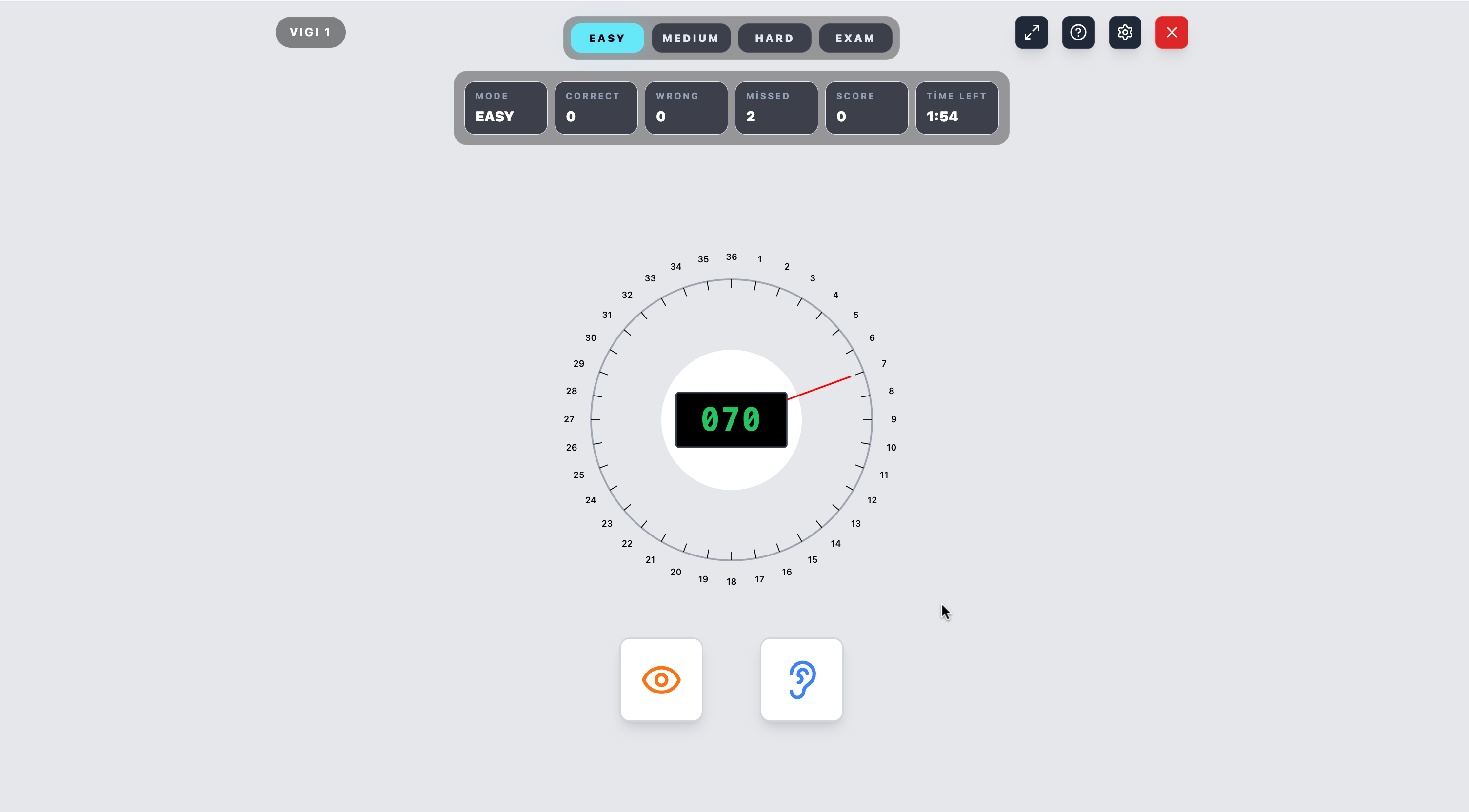 Vigilance 1 match example: needle on 7, display shows 070