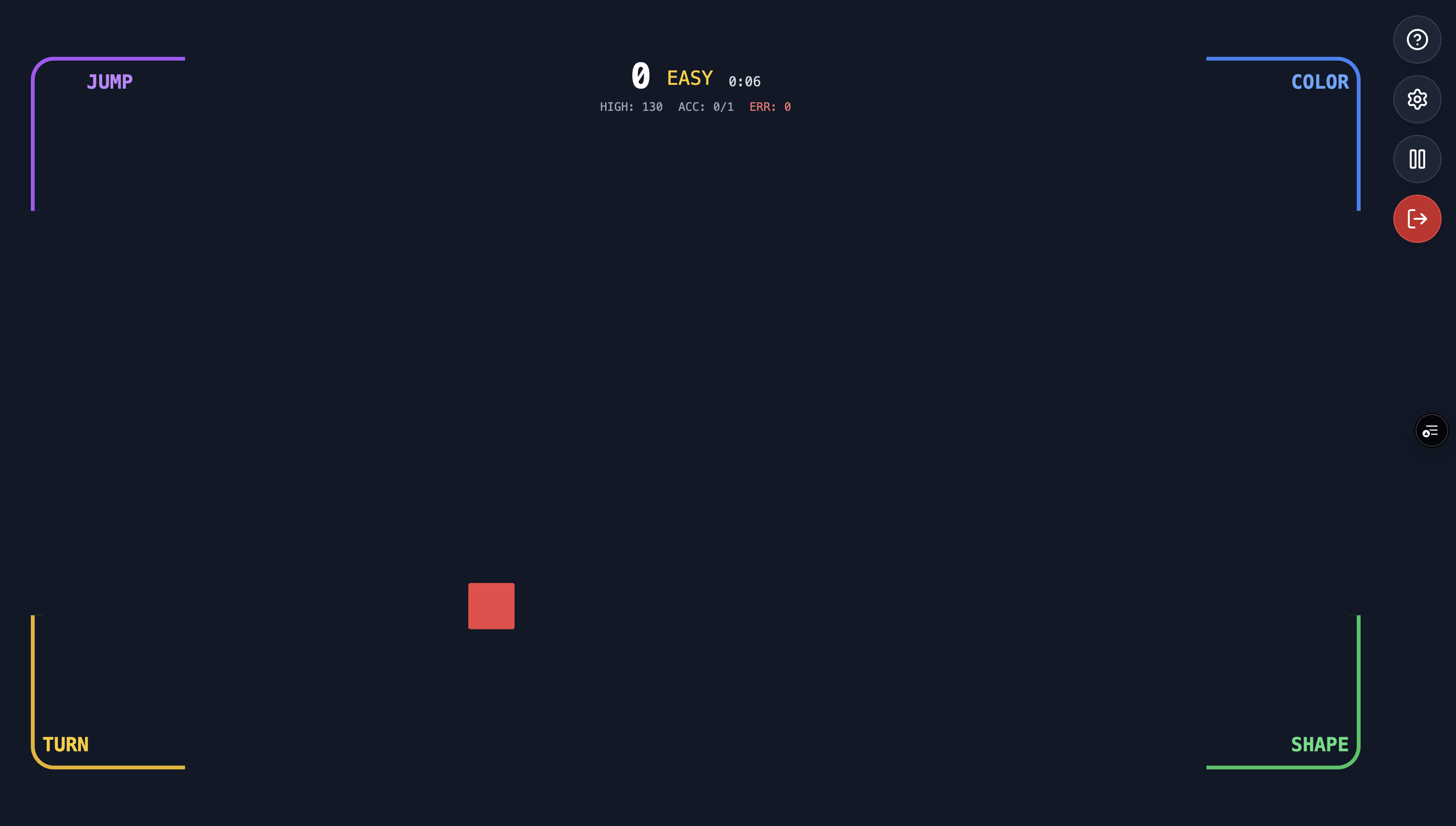 Vigilance 2 game screen: JUMP, COLOR, TURN, SHAPE buttons in the corners and the moving object
